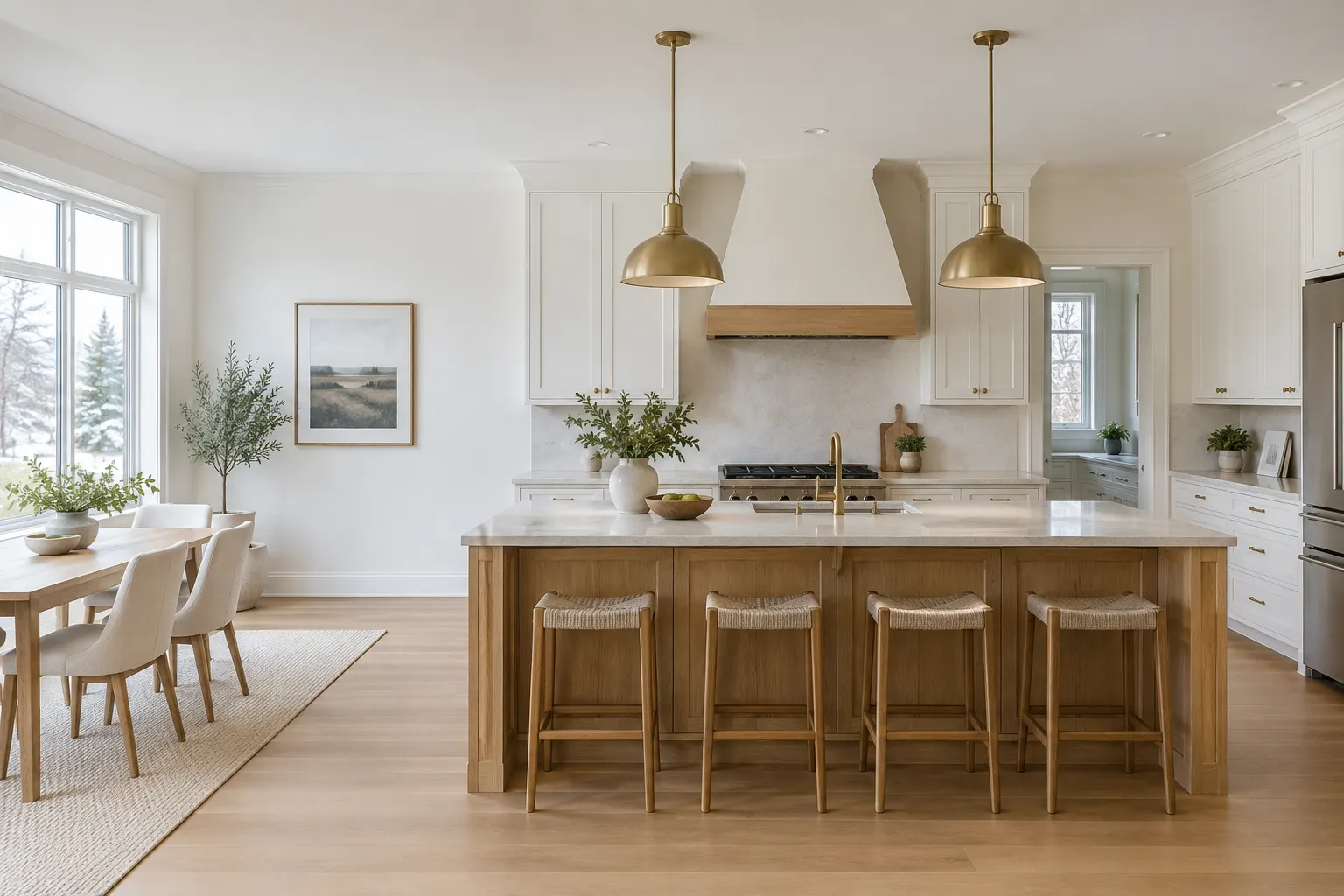 Kitchen inspiration with warm white cabinets and an oak island